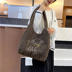 Women Plush Tote Bag Warm Cotton Shopper Bags Embroidery Sheep Handbag