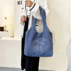 Women Plush Tote Bag Warm Cotton Shopper Bags Embroidery Sheep Handbag