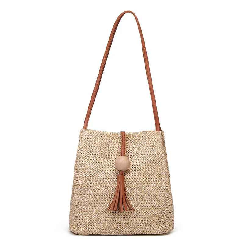 Bohemian Rattan Beach Handbag Crossbody Bucket Bag with Tassels