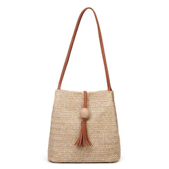 Bohemian Rattan Beach Handbag Crossbody Bucket Bag with Tassels