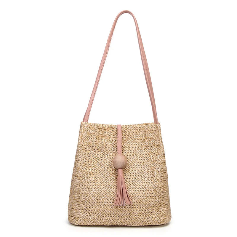 Bohemian Rattan Beach Handbag Crossbody Bucket Bag with Tassels
