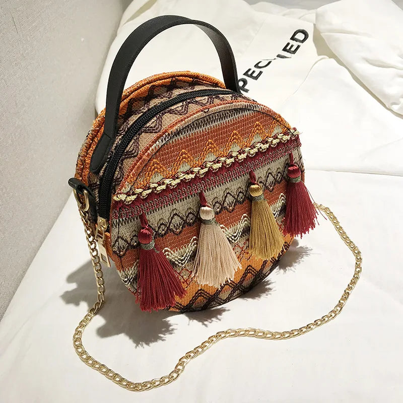 Bohemian Round Straw Beach Bag Women Shoulder Crossbody Handbag