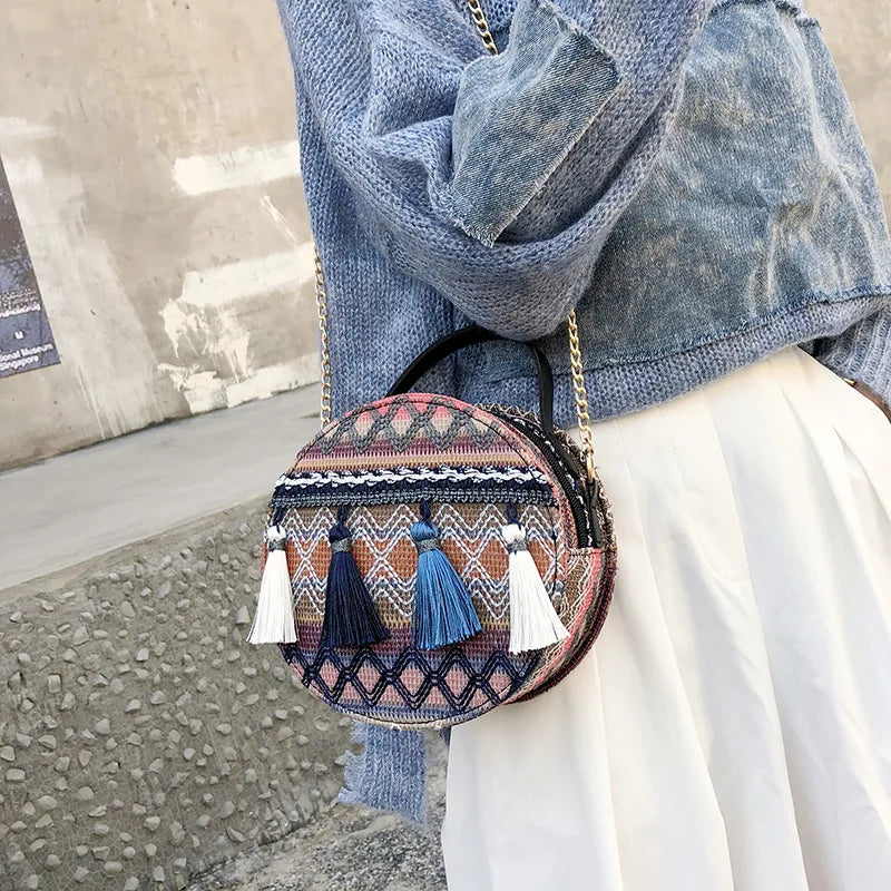 Bohemian Round Straw Beach Bag Women Shoulder Crossbody Handbag