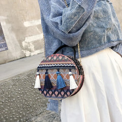Bohemian Round Straw Beach Bag Women Shoulder Crossbody Handbag