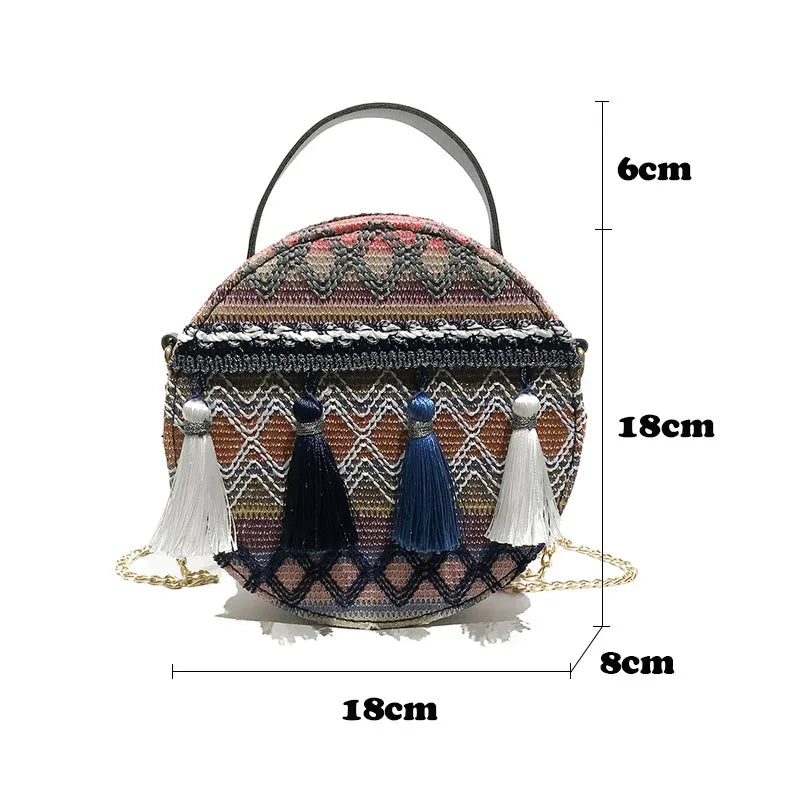 Bohemian Round Straw Beach Bag Women Shoulder Crossbody Handbag