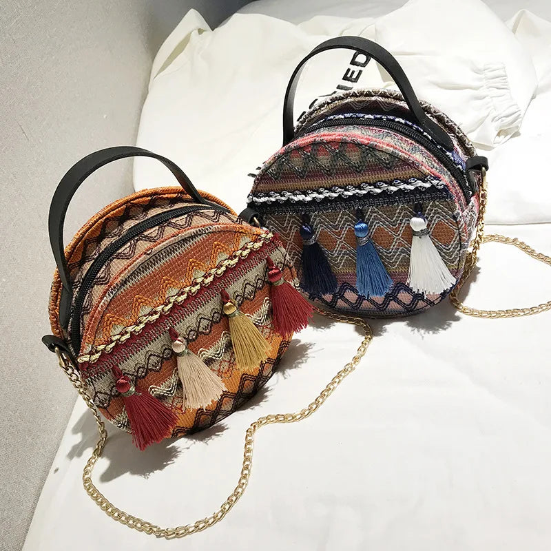 Bohemian Round Straw Beach Bag Women Shoulder Crossbody Handbag
