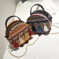 Bohemian Round Straw Beach Bag Women Shoulder Crossbody Handbag