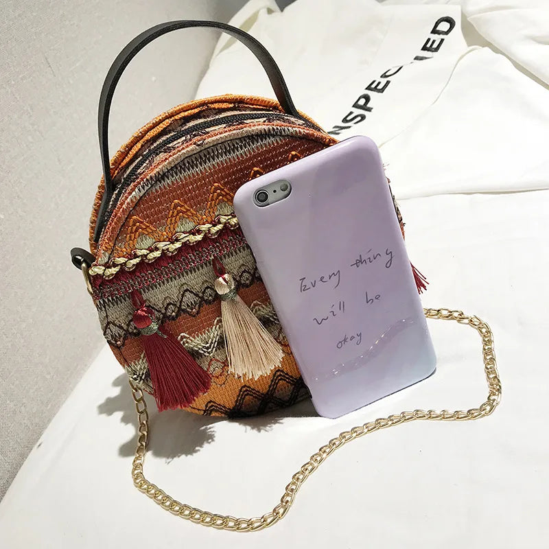 Bohemian Round Straw Beach Bag Women Shoulder Crossbody Handbag