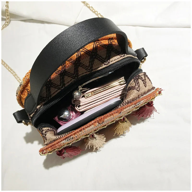 Bohemian Round Straw Beach Bag Women Shoulder Crossbody Handbag