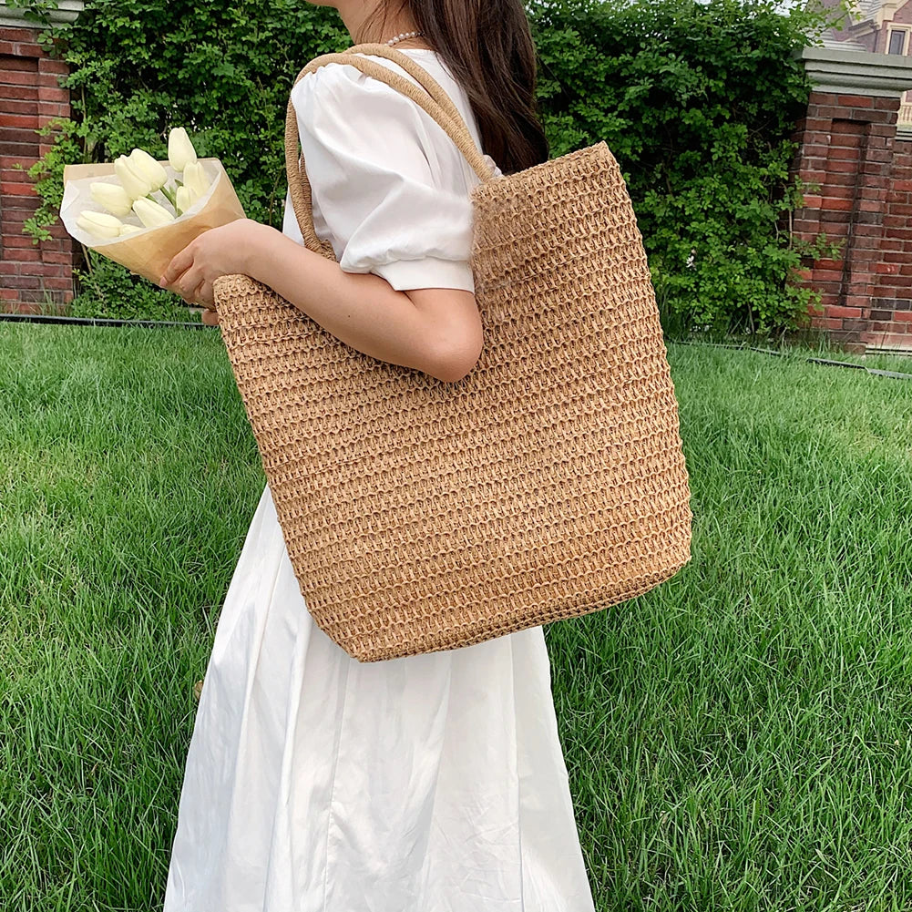 Women Straw Beach Shoulder Handbag Large Capacity Lady Vacation Bag