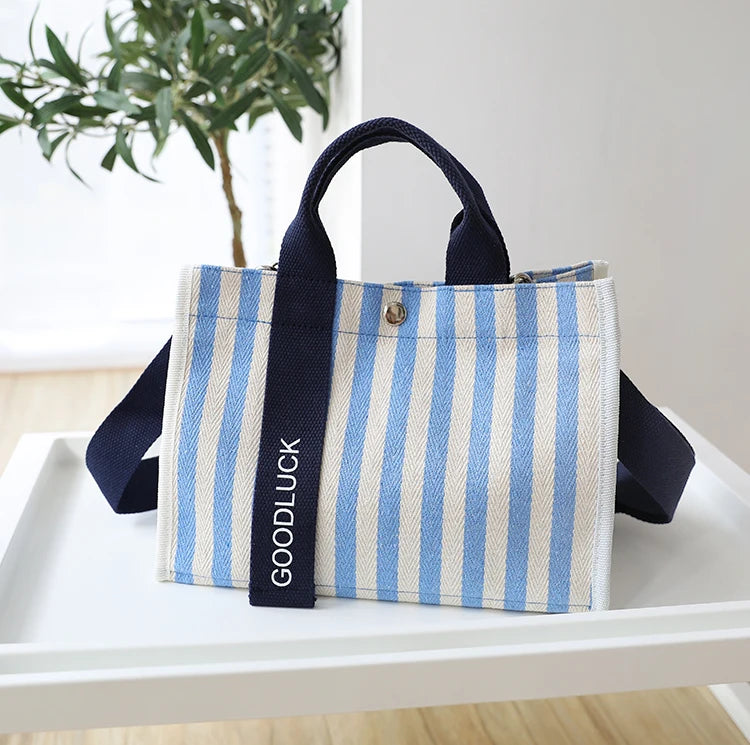 Striped Canvas Small Square Handbag Waterproof Tote Bag