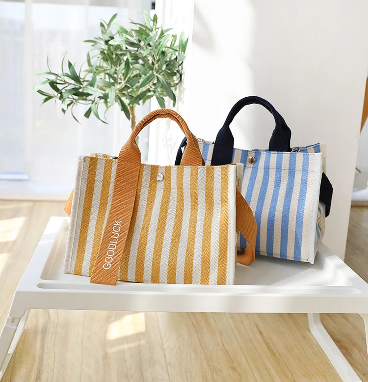 Striped Canvas Small Square Handbag Waterproof Tote Bag