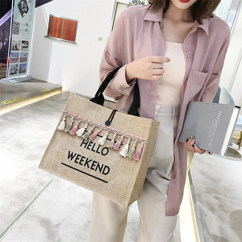 Tassel Shoulder Bag Large Capacity Beach Tote Casual Girls Shopping Bag