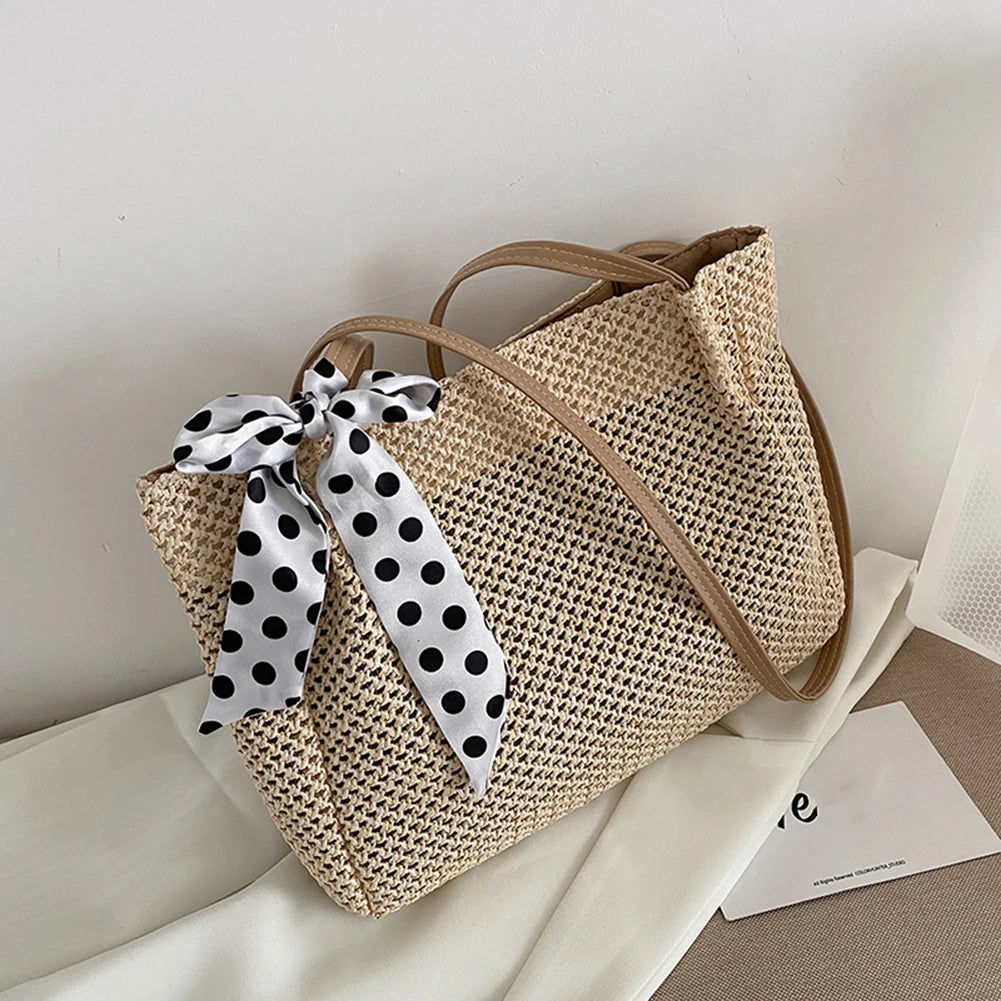 Women Casual Straw Bag Vintage Silk Ribbon Large Capacity