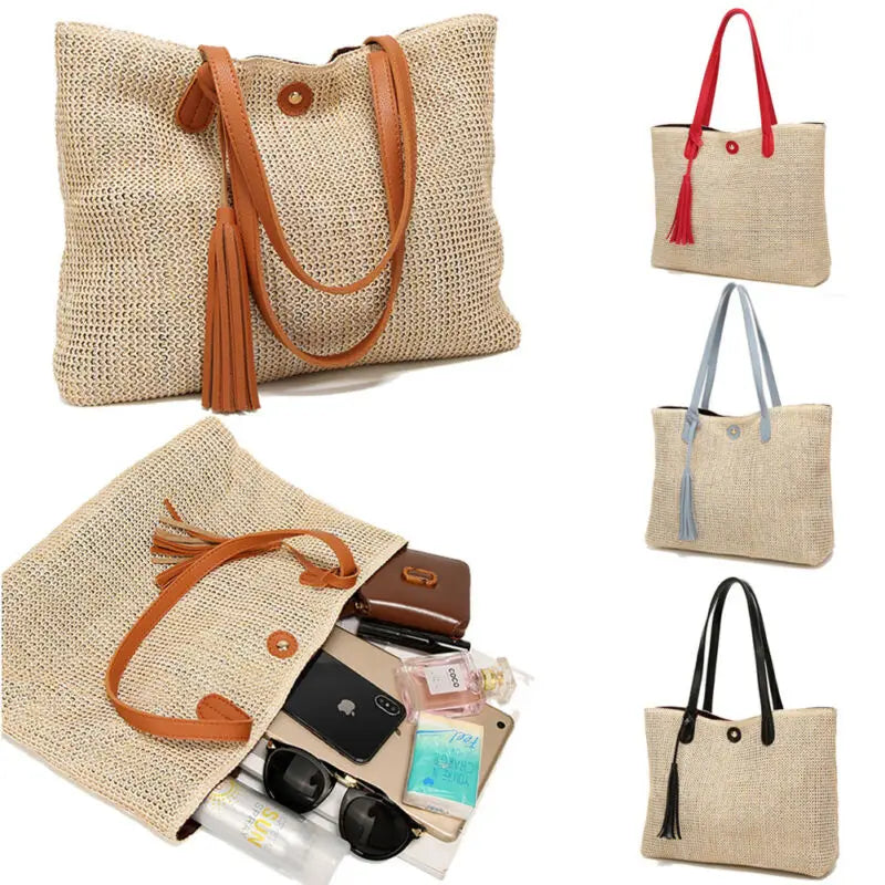 Women Summer Straw Rattan Shoulder HandBag Fluffy Cross Body Tassel Bag