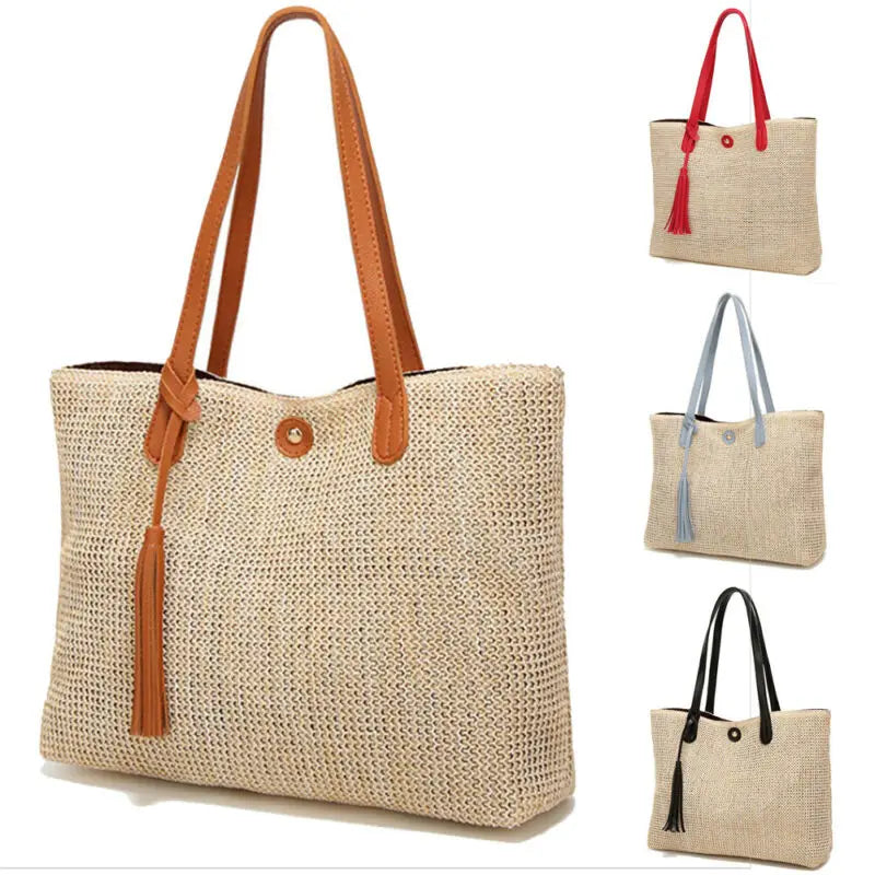 Women Summer Straw Rattan Shoulder HandBag Fluffy Cross Body Tassel Bag