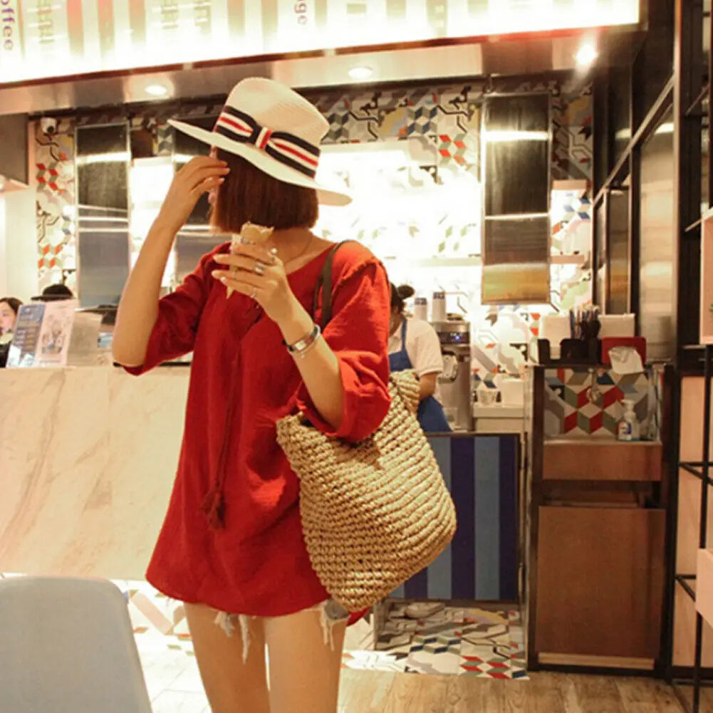 Vintage Straw Rattan Bag Large Shoulder Bags Boho Woven Handb