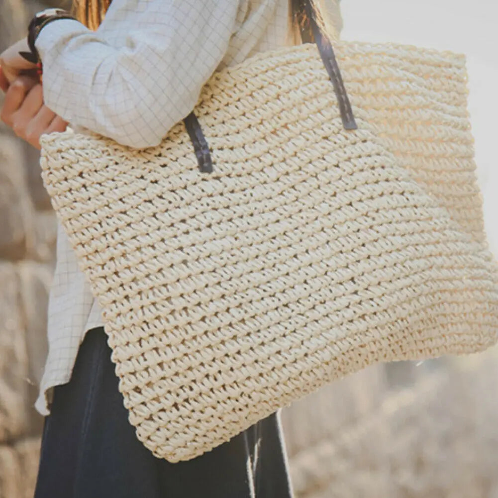 Vintage Straw Rattan Bag Large Shoulder Bags Boho Woven Handb