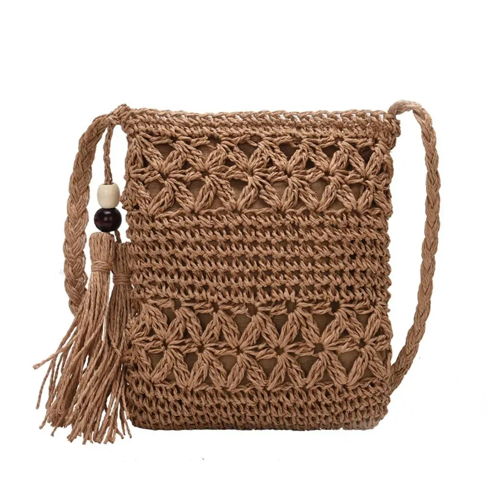Straw Messenger Bag Hollow Out Woven Shoulder Tassel Crossbody Beach Travel