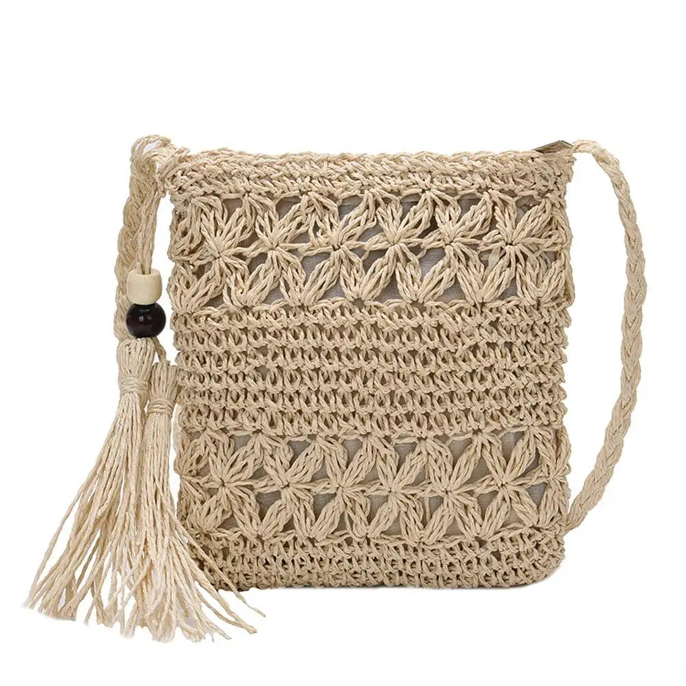 Straw Messenger Bag Hollow Out Woven Shoulder Tassel Crossbody Beach Travel