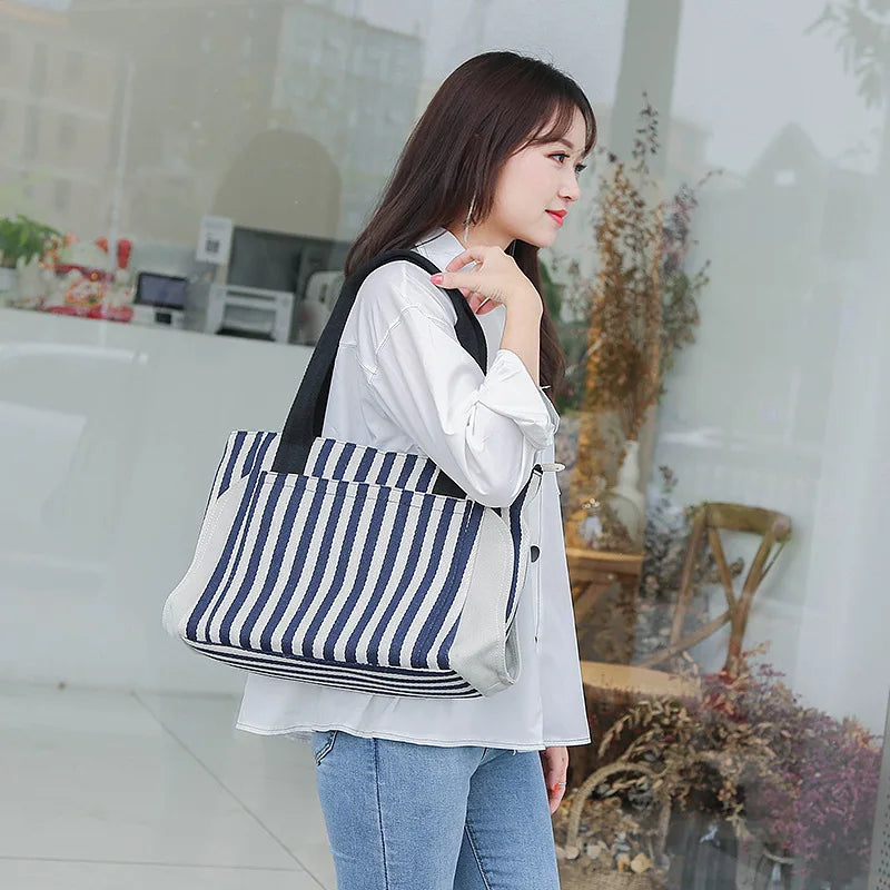 Striped Panelled Shoulder Bag Large Capacity Canvas Shopping Beach Handbag