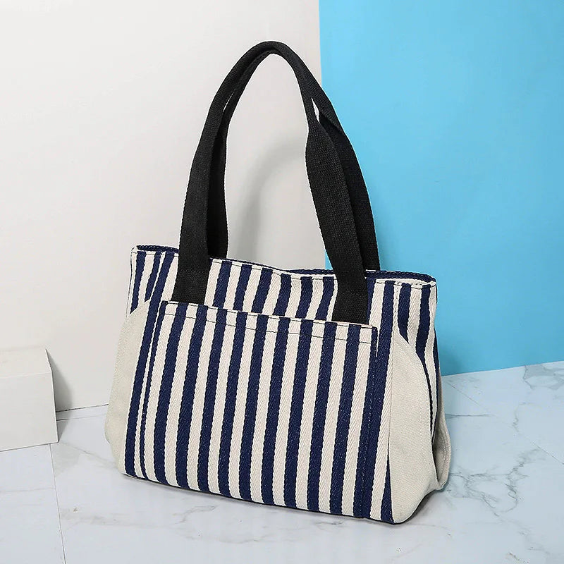 Striped Panelled Shoulder Bag Large Capacity Canvas Shopping Beach Handbag