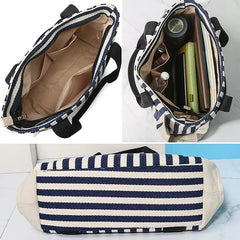 Striped Panelled Shoulder Bag Large Capacity Canvas Shopping Beach Handbag