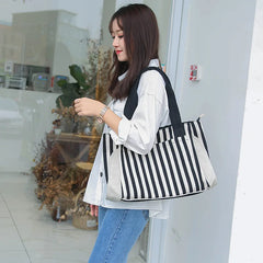 Striped Panelled Shoulder Bag Large Capacity Canvas Shopping Beach Handbag