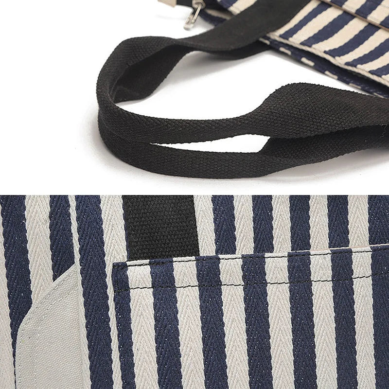 Striped Panelled Shoulder Bag Large Capacity Canvas Shopping Beach Handbag