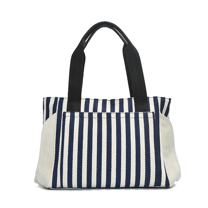 Striped Panelled Shoulder Bag Large Capacity Canvas Shopping Beach Handbag