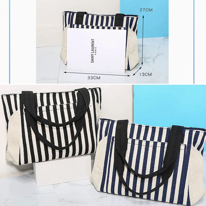 Striped Panelled Shoulder Bag Large Capacity Canvas Shopping Beach Handbag