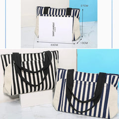 Striped Panelled Shoulder Bag Large Capacity Canvas Shopping Beach Handbag