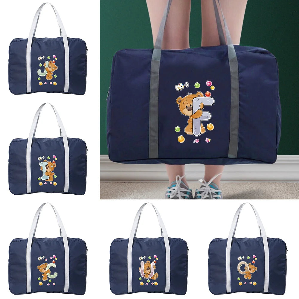 Women Travel Bags Bear Letter Print Foldable Large Capacity Luggage Bag