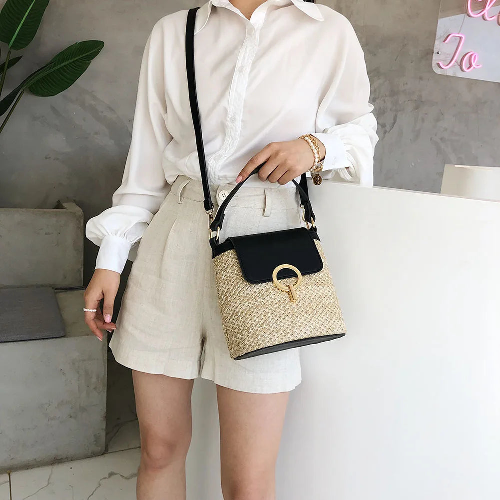 Vintage Beach Bucket Woven Straw Shoulder Flap Basket