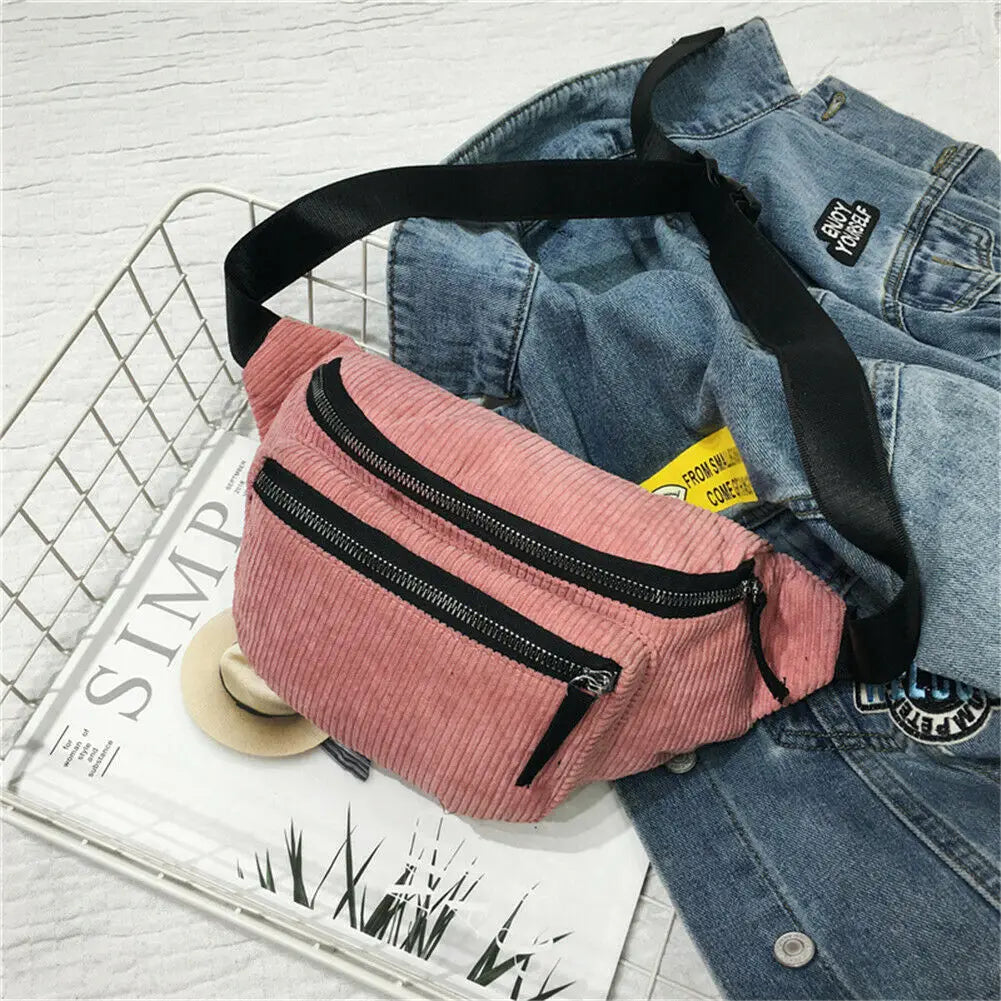 Women Canvas Waist Bag Brown Phone Chest Pack