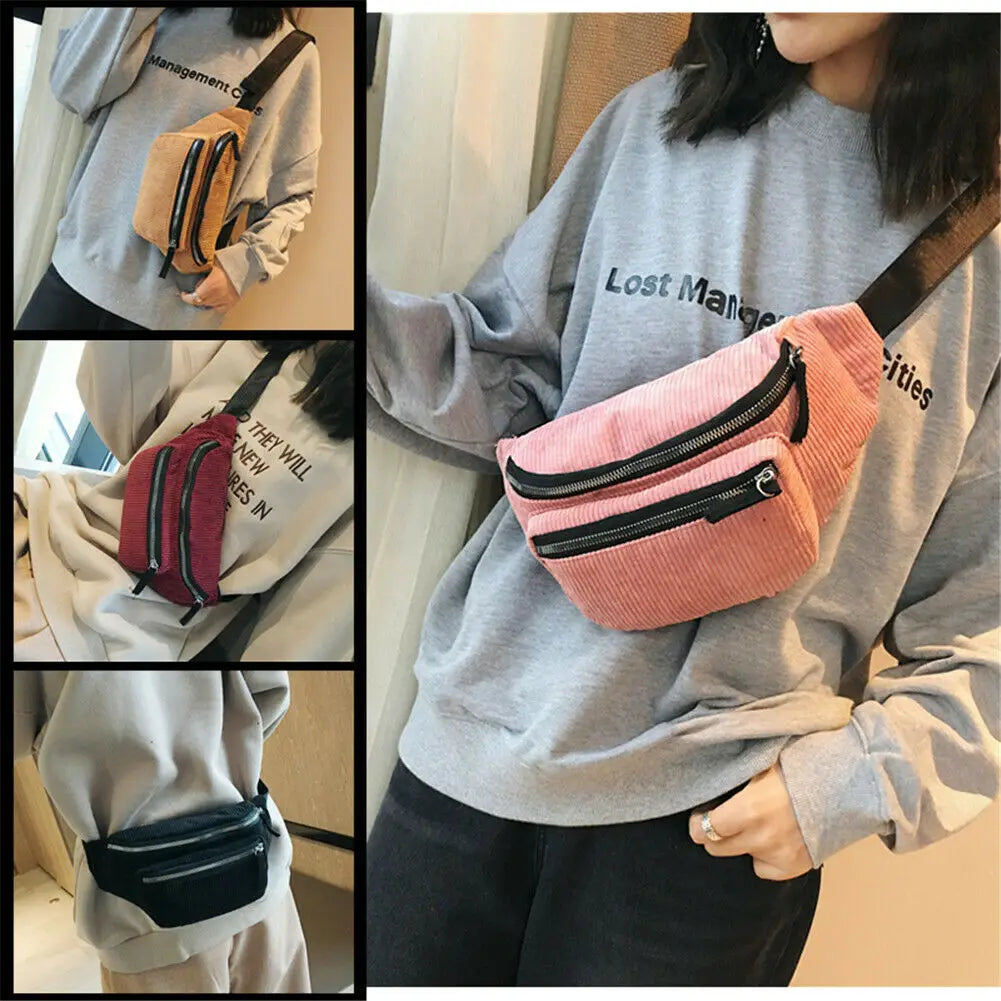 Women Canvas Waist Bag Brown Phone Chest Pack