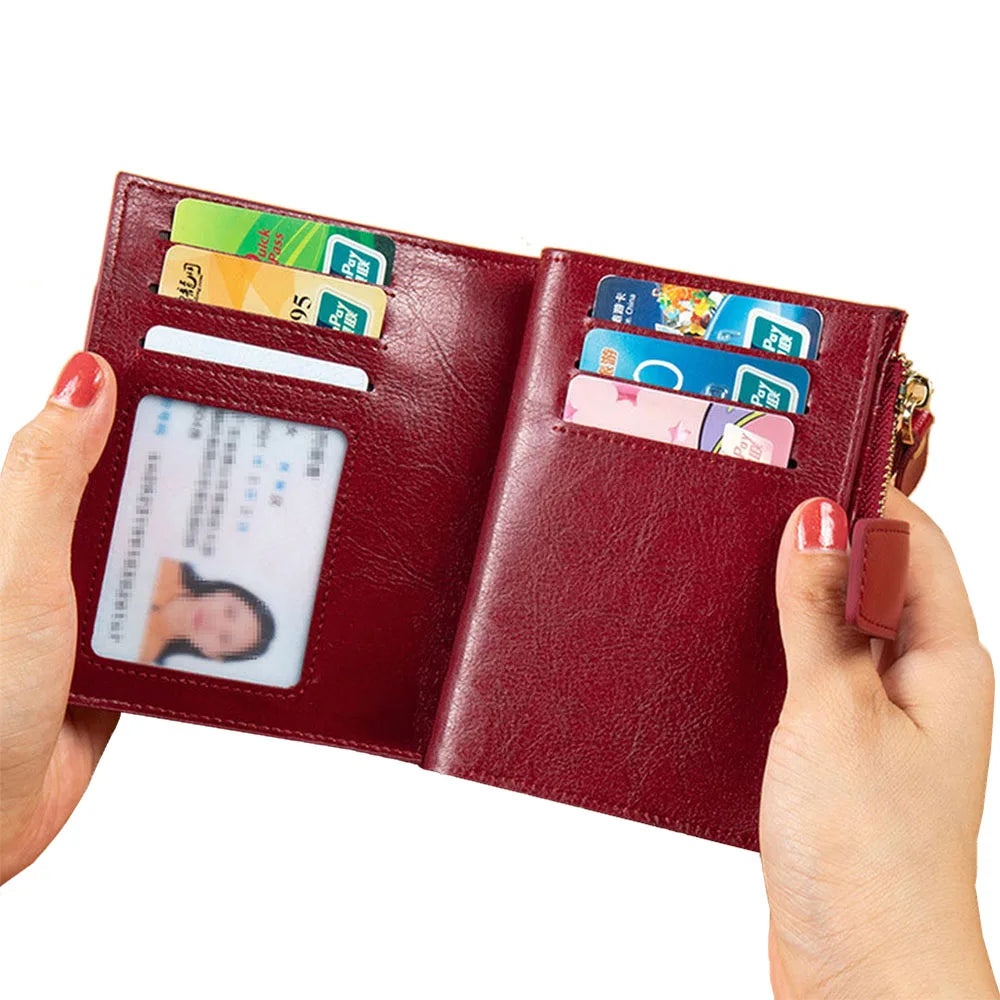 Women Wallet Leather Retro Oil Wax Cowhide Girls Wallet Short Zipper Small Coin