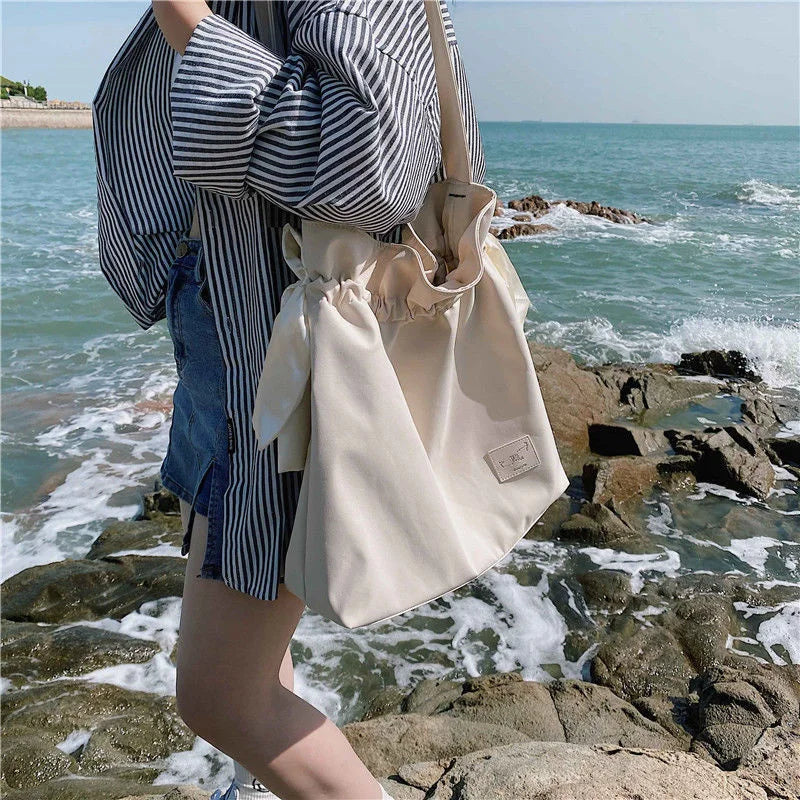 Women Waterproof Nylon Shoulder Bag with Bowknot Beach Tote