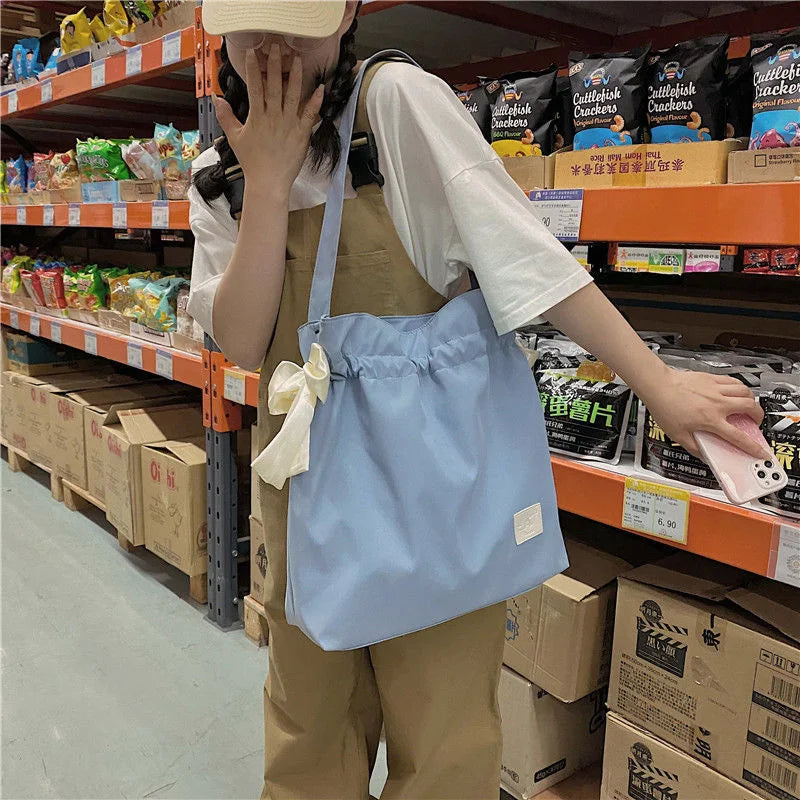 Women Waterproof Nylon Shoulder Bag with Bowknot Beach Tote