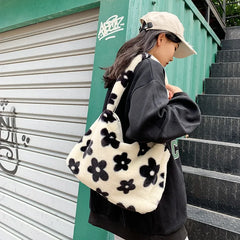 Women Winter Fluffy Purse Pink Leopard Print Shoulder Bag