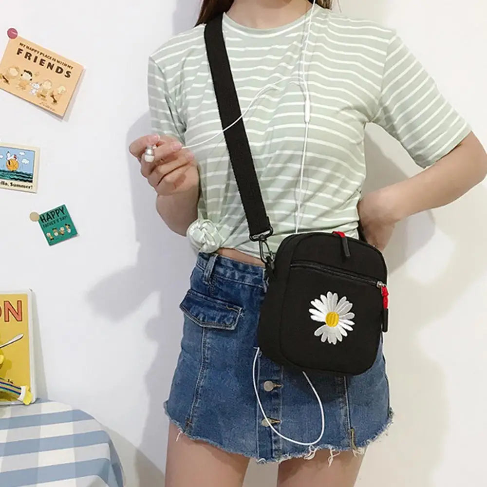 Women Zipper Daisy Canvas Crossbody Messenger Bag