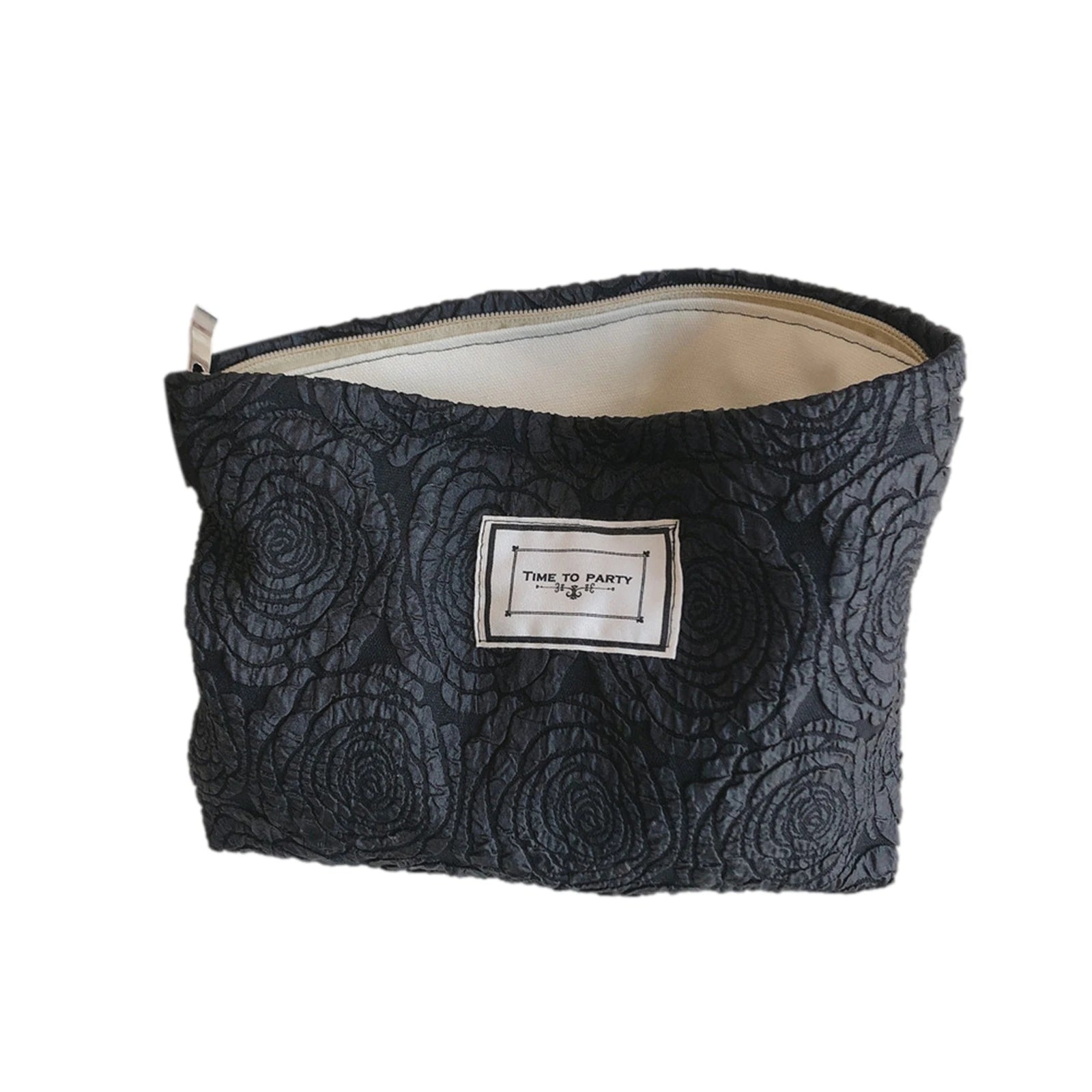 Large Rose Letter Print Cosmetic Bag, Zippered Clutch in White, Black, Rose Gold