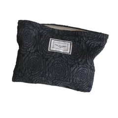 Large Rose Letter Print Cosmetic Bag, Zippered Clutch in White, Black, Rose Gold