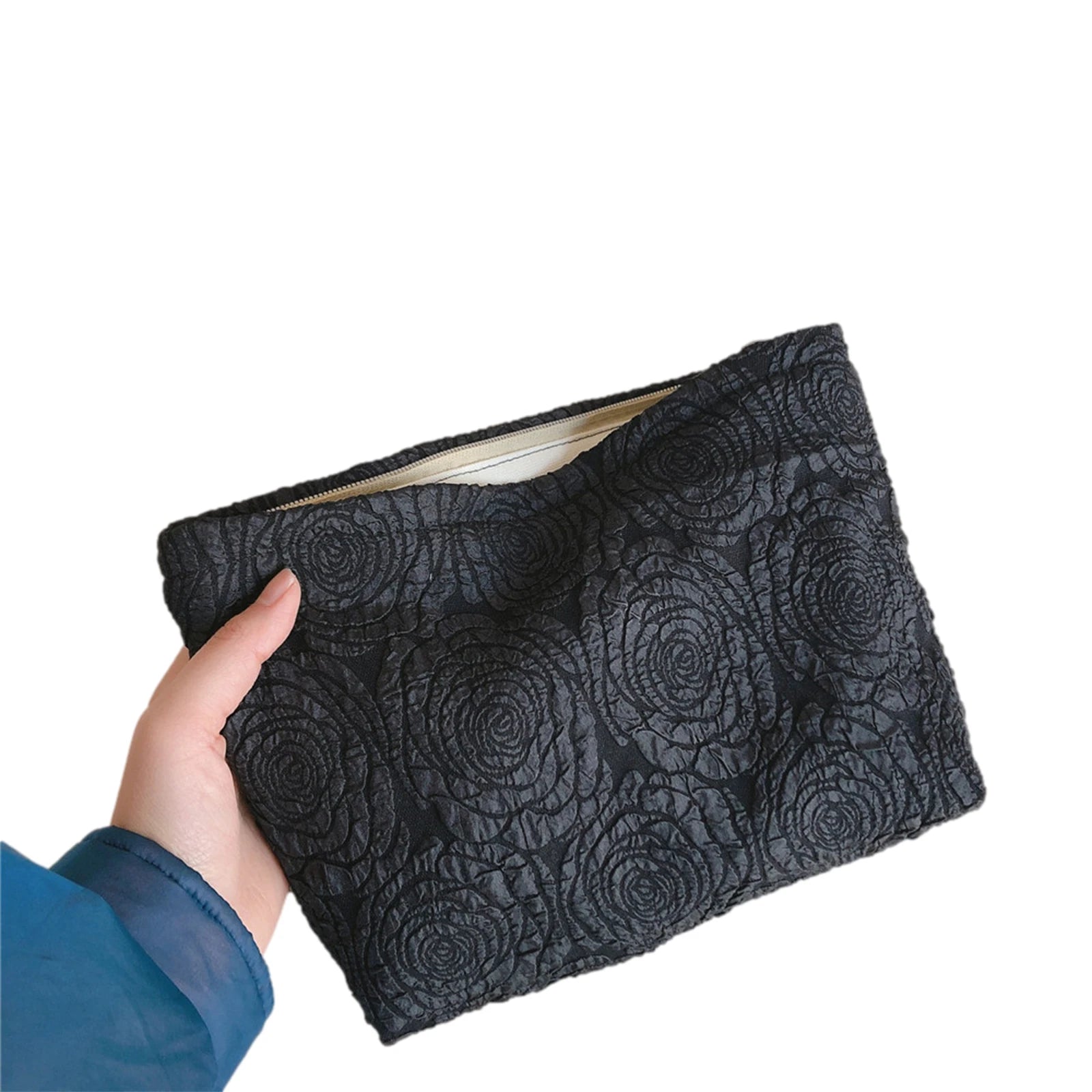 Large Rose Letter Print Cosmetic Bag, Zippered Clutch in White, Black, Rose Gold