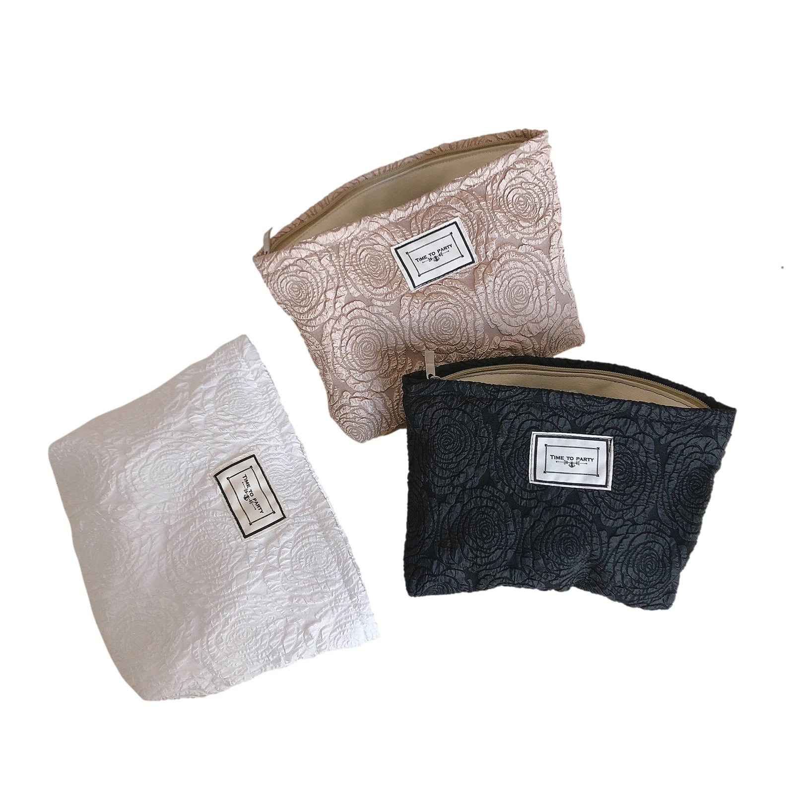 Large Rose Letter Print Cosmetic Bag, Zippered Clutch in White, Black, Rose Gold