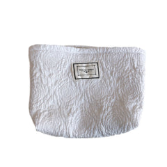 Large Rose Letter Print Cosmetic Bag, Zippered Clutch in White, Black, Rose Gold