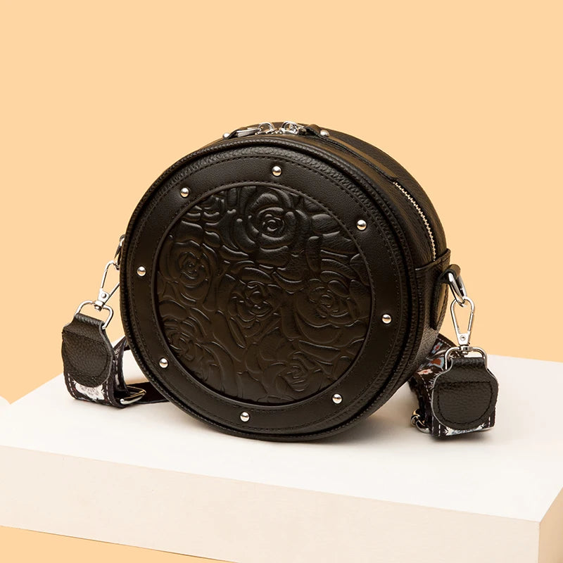 Leather Shoulder Bag Round Cowhide Ladies Handbags Crossbody Bag