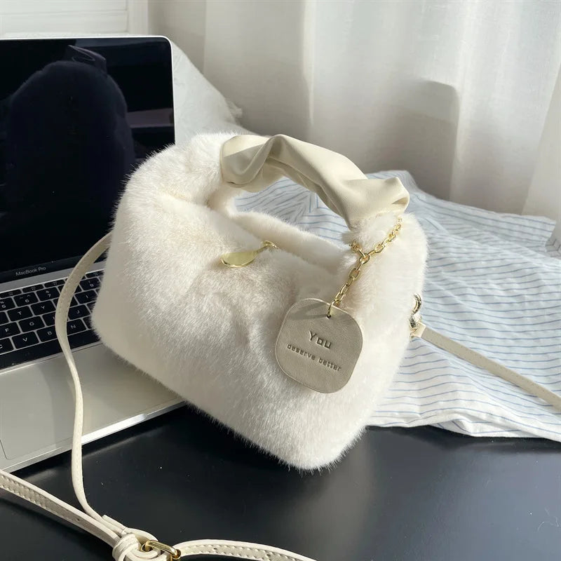 Wool Furry Lunch Box Bag Shoulder Plush Women's Handbag Crossbody Lady Bag