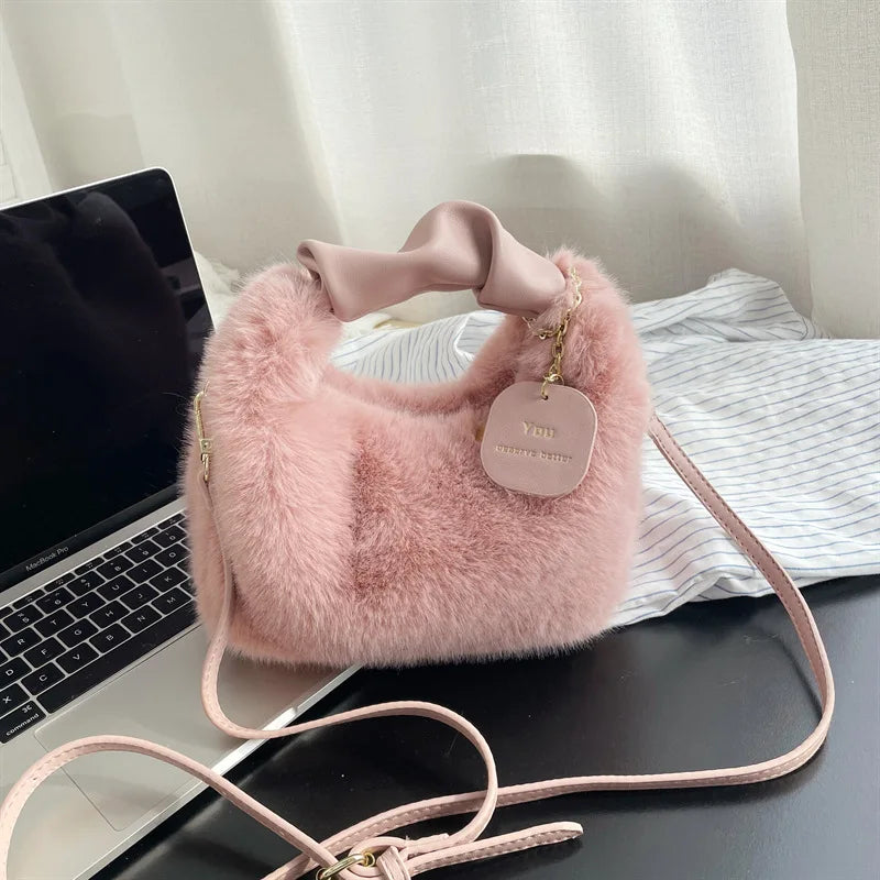 Wool Furry Lunch Box Bag Shoulder Plush Women's Handbag Crossbody Lady Bag