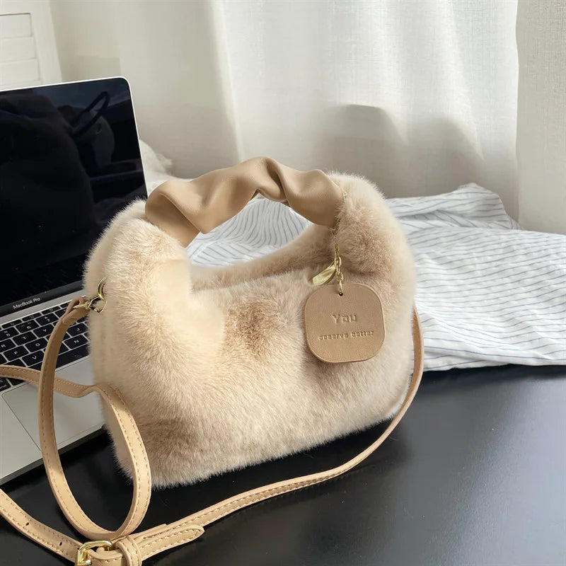 Wool Furry Lunch Box Bag Shoulder Plush Women's Handbag Crossbody Lady Bag